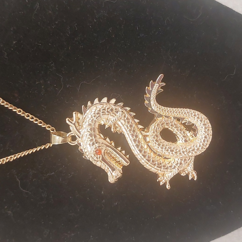 Gold Toned Red Eye Dragon Fashion Costume Long Necklace - Picture 4 of 16